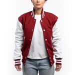 Womens Cardinal Red And White Wool And Leather Varsity Jacket