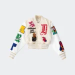 Womens First Row Art Dealer Graphic Cropped Cream Varsity Jacket