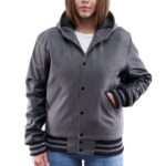 Womens Grey Wool And Leather Varsity Jacket