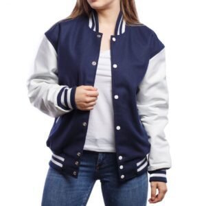 Womens Navy Blue And White Wool And Leather Varsity Jacket