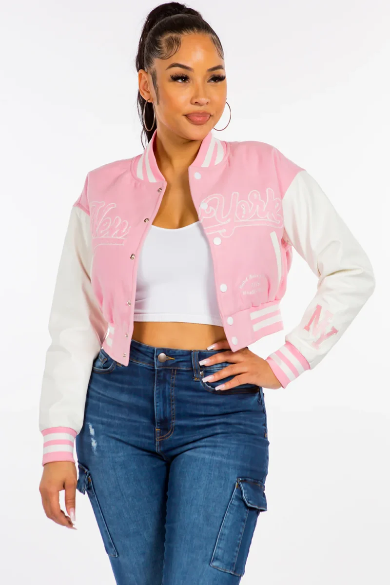 Women's New York Pink Varsity Cropped Jacket Women's New York Pink Varsity Cropped Jacket