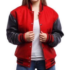 Womens Red And Black Wool And Leather Varsity Jacket