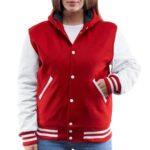 Womens Red And White Wool And Leather Hooded Jacket