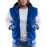 Womens Royal Blue And White Wool And Leather Hooded Jacket