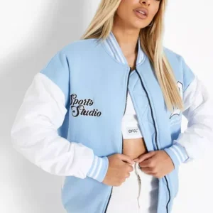Womens Sky Blue And White Letterman Jacket