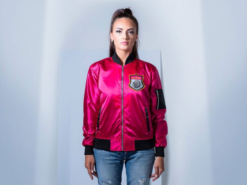 Womens-Warrior-Pink-Satin-Varsity-Jacket.jpg Women's Warrior Pink Satin Varsity Jacket