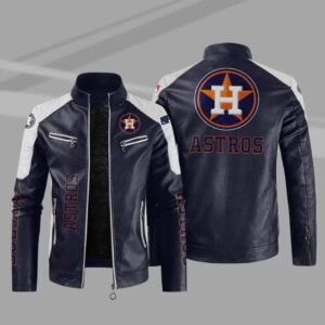 Blue White MLB Houston Astros Block Leather Jacket