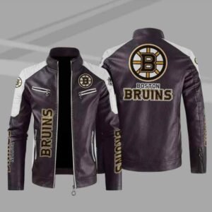 Boston Bruins Block Brown White Leather Jacket