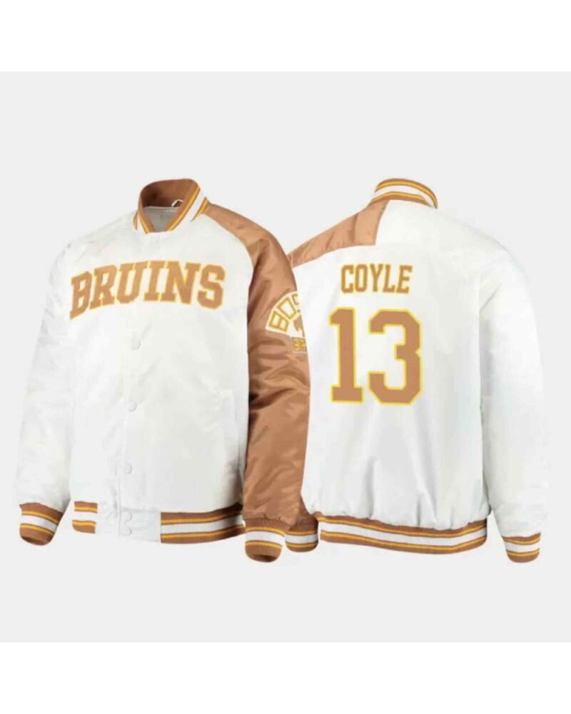 Boston Bruins Charlie Coyle 13 White Satin Jacket Boston Bruins Charlie Coyle 13 White Satin Jacket