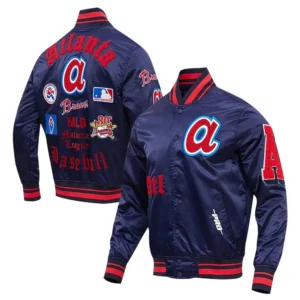 Old English Atlanta Braves Navy Satin Jacket