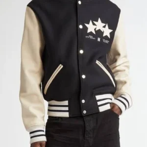 Men Amiri Stars Wool Blend & Leather Varsity Jacket