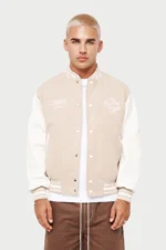 Emblem Script Beige And White Varsity Jacket