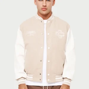 Emblem Script Beige And White Varsity Jacket