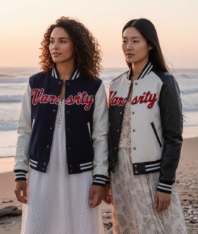 Fashion models showcasing wool and leather varsity jackets