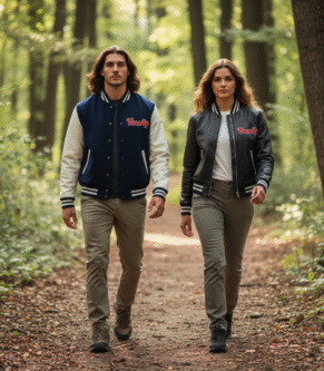 Luxury leather letterman jacket with embroidered logos