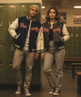 Side-by-side comparison of wool and leather letterman jackets