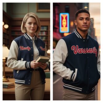 College students showcasing different varsity jacket styles