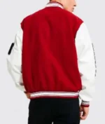 Red varsity jacket with b