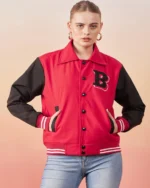red women's varsity jacket