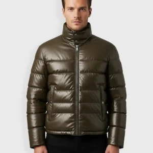 OLIVE GREEN LEATHER PUFFER JACKET FOR MEN
